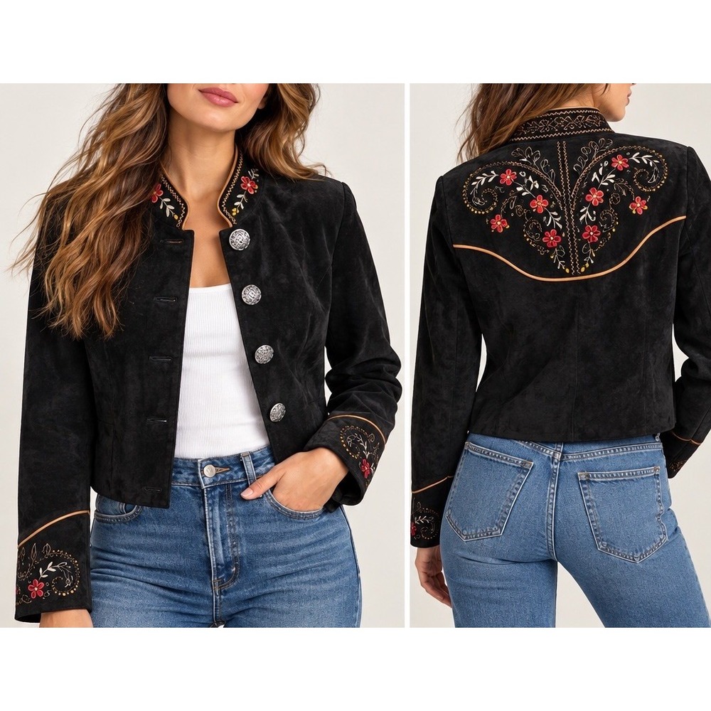 Scully Black Suede Leather Western Embroidered Cropped Jacket Size 10